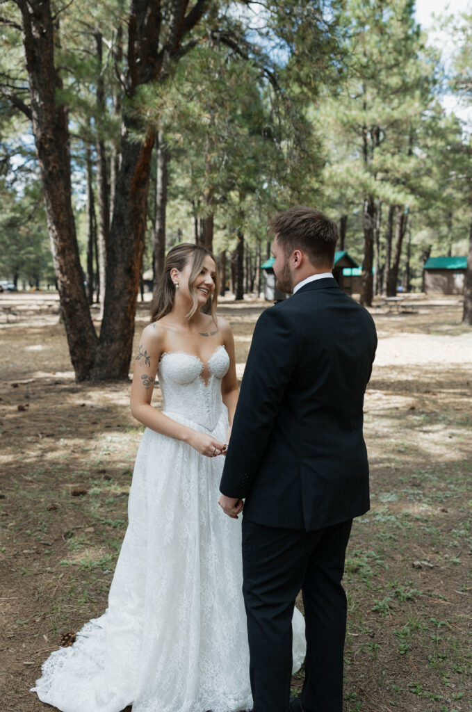 Elegant bride and groom portraits timeless Flagstaff Arizona wedding Nordic Village