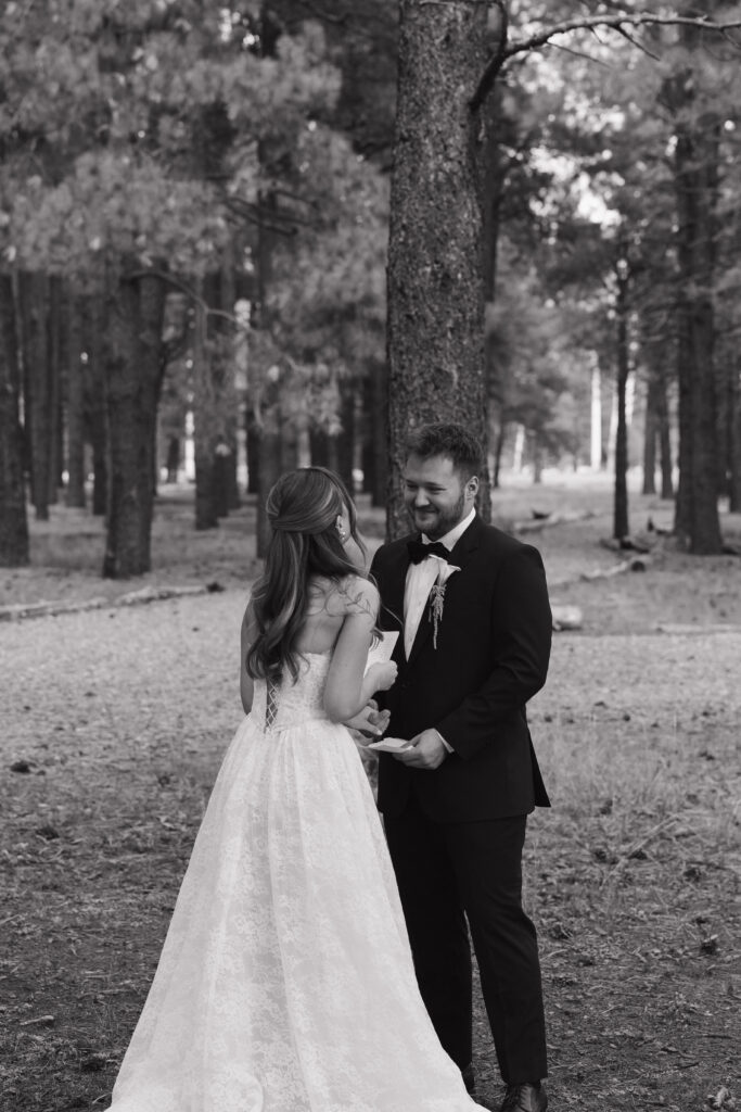 Timeless images of first look at Flagstaff Arizona wedding Nordic Village