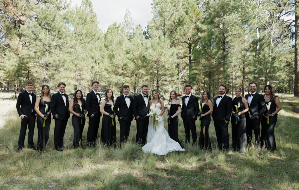 Classic black bridal party attire timeless Flagstaff Arizona wedding at Nordic Village