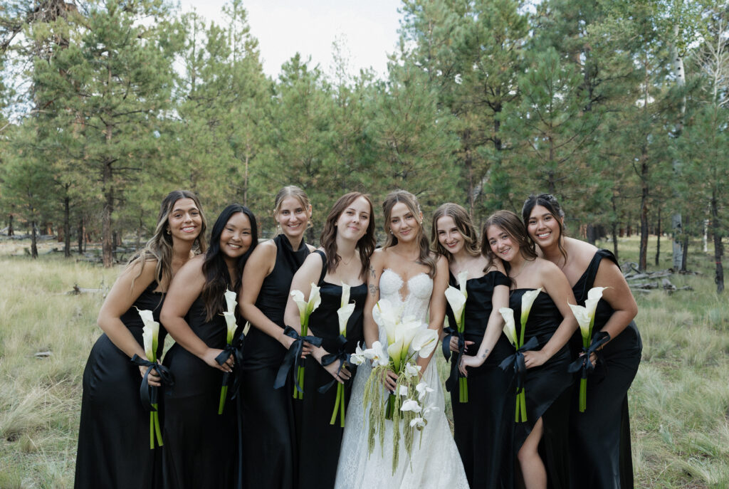Classic black bridal party attire timeless Flagstaff Arizona wedding at Nordic Village