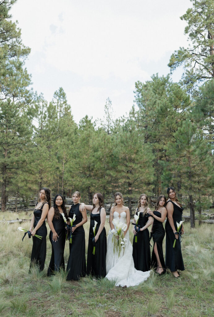 Classic black bridal party attire timeless Flagstaff Arizona wedding at Nordic Village