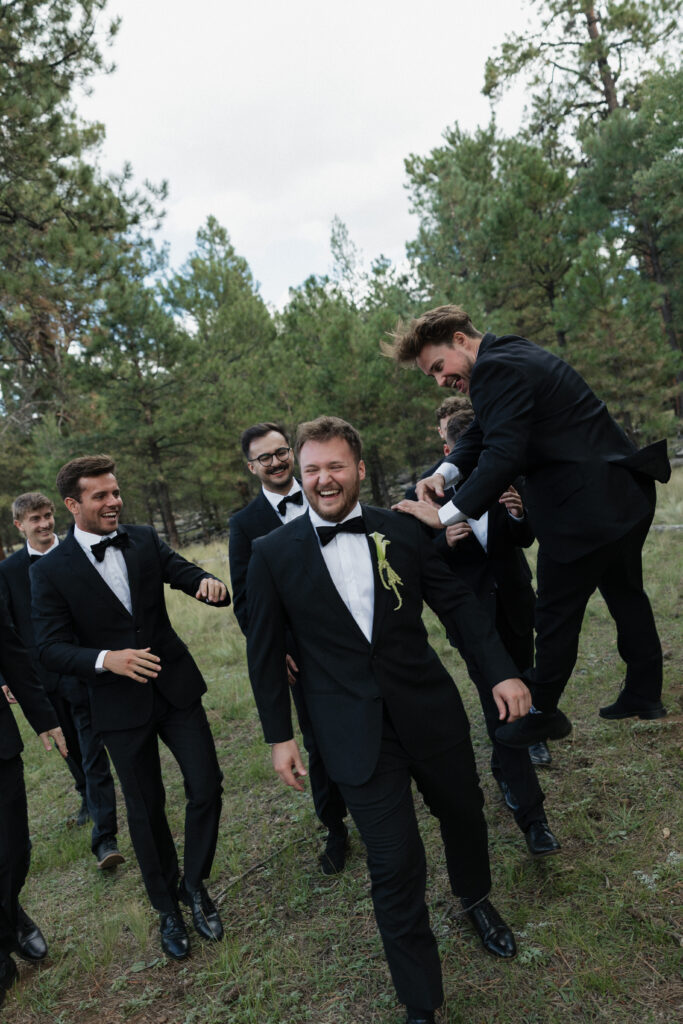 Classic black bridal party attire timeless Flagstaff Arizona wedding at Nordic Village