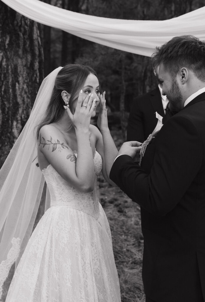 Timeless Flagstaff Arizona wedding ceremony at Nordic Village with intimate family prayer