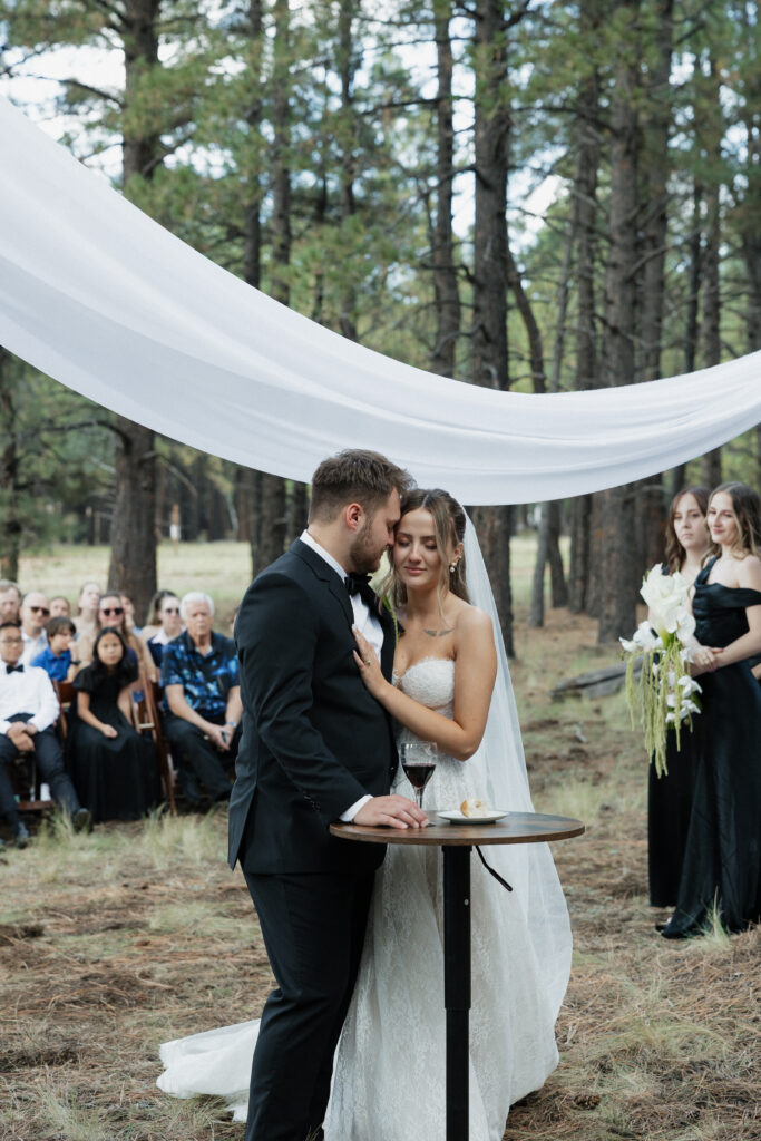 Bride and groom exchanging vows timeless Flagstaff Arizona wedding Nordic Village