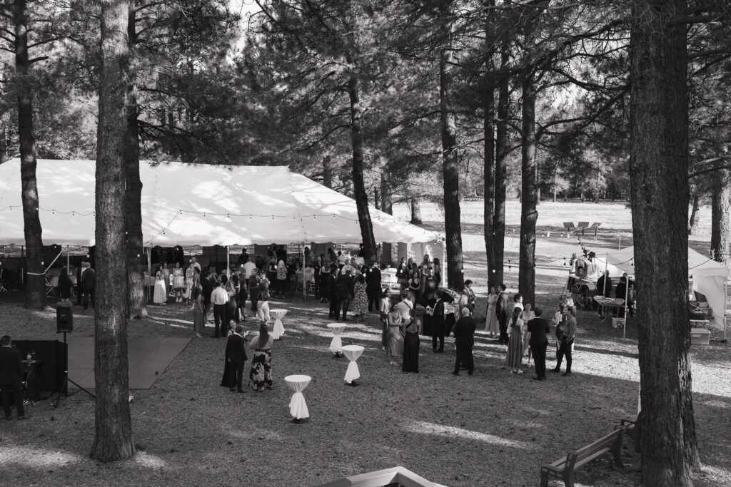 Cocktail hour of bride and groom with wedding guests in Flagstaff Arizona.