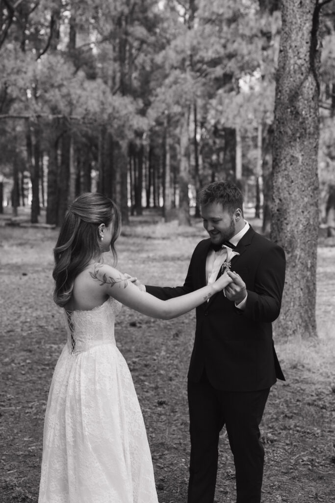 Elegant bride and groom portraits timeless Flagstaff Arizona wedding Nordic Village