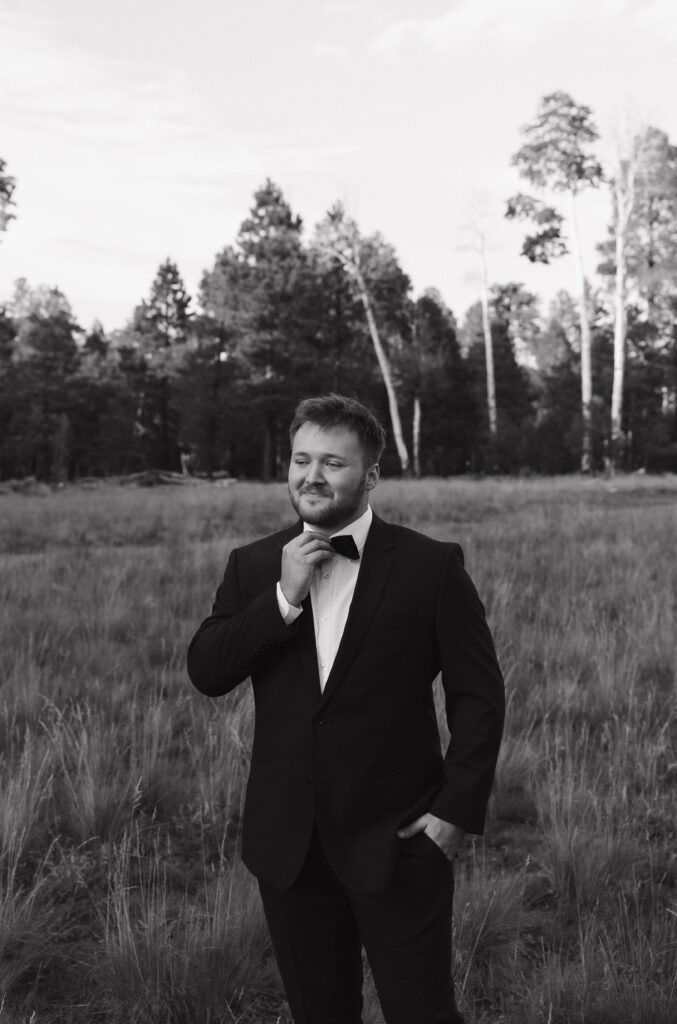 Elegant Groom portraits timeless Flagstaff Arizona wedding at Nordic Village